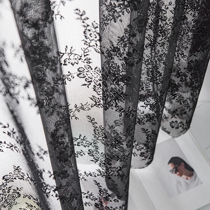 Sutuo Home Black Lace Curtains 96 Inches Long 2 Panels Set, Sheer Panels Gothic Retro Florals Vintage Voile Window Treatment for Bedroom/Living Room/Halloween Decor Rod Pocket W57 x L96