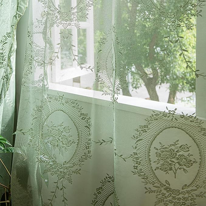Sutuo Home Olive Green Lace Curtains for Bedroom Living Room 108 Inches Long 2 Panels, Sheer Panels Rose Floral Embroidery Ruffled Vintage Window Treatment Pair Christmas Decor, Rod Pocket, W57 x L108