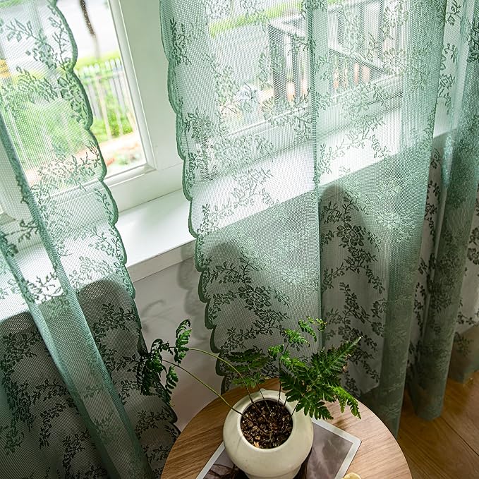 Sutuo Home Olive Green Lace Curtains for Bedroom Living Room 90 Inches Long 2 Set, Dark Hunter Sheer Panels Vintage Floral Embroidery Window Treatment Pair Christmas Decor, Rod Pocket, W57 x L90