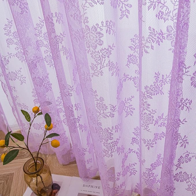 Sutuo Home Lace Curtains 2 Panels Set, Purple Sheer 72 Inch Long Window Floral Vintage Voile Window Panel Treatment for Bedroom/Living Room/Kitchen, Decor Rod Pocket W57 x L72