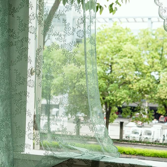 Sutuo Home Olive Green Lace Curtains for Bedroom Living Room 84 Inches Long 2 Panels Set, Dark Hunter Sheer Vintage Floral Embroidery Window Treatment Pair Christmas Decor, Rod Pocket, W57 x L84