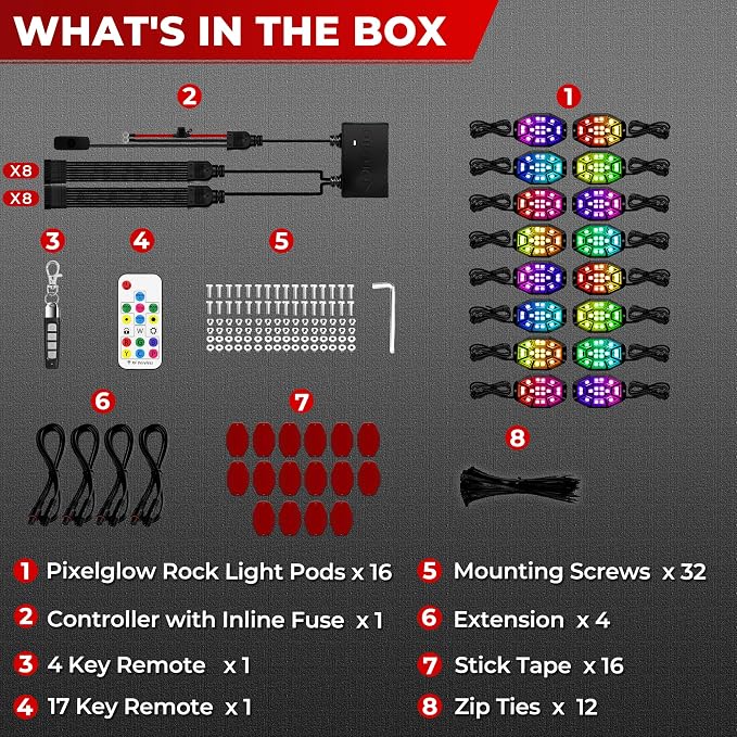 16 Pods 9 Sides RGB Rock Lights, App/2 Remote Control Led Underglow Lights Compatible with 12V Trucks Jeep UTV ATV Golf Cart, Brake Signal, Waterproof, Music Mode, Plug and Play, Multi-Color(Patented)