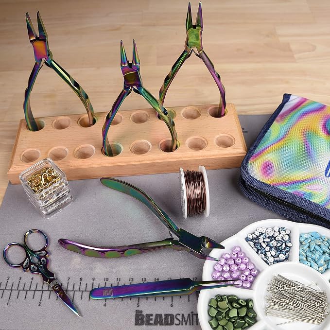 The Beadsmith 6-Piece Chroma Set - Jewelry-Making Tools Kit, Rainbow Titanium Finish, Includes 4 Pliers w/Tweezers and Scissors, Matching Case Included