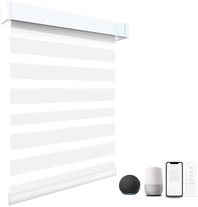 MING CHEN Motorized Blinds with Remote Control 95% Blackout Electric Zebra Shades for Windows Automatic Blinds Compatible with Alexa, Google for Home, Office (Luxurious White, 22" W x 72" H)