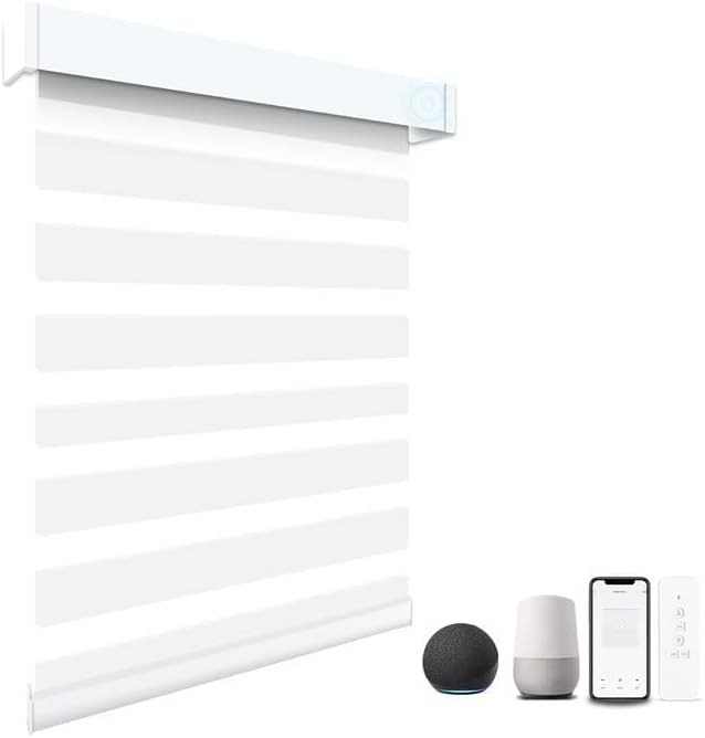 Motorized Blinds with Remote, 95% Blackout Smart Electric Zebra Shades, Built-in Rechargeable Tubular Motor Automatic Blinds for Window Compatible with Alexa Google (Luxurious White, 30" W x 72" H)