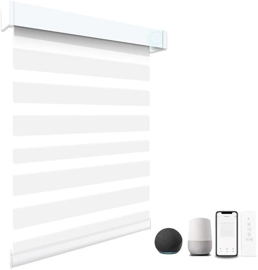 Motorized Blinds with Remote, 95% Blackout Smart Electric Zebra Shades, Built-in Rechargeable Tubular Motor Automatic Blinds for Window Compatible with Alexa Google (Luxurious White, 30" W x 72" H)