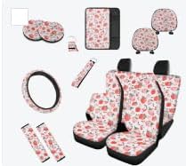 Strawberry 13 Pack Car Seat Cover Pink Strawberry Lover Seatbelt Pad Armrest Cushion Fruit Hand Drawn Strawberries Keychain Cup Holder Coaster Pads Decor Accessory