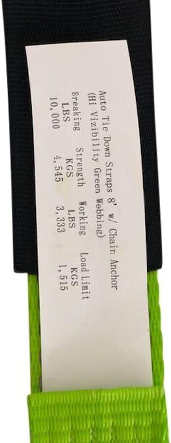 Mytee Products (4 Pack) 2" x8' Car Tie Down Ratchet Lasso Straps with Chain Anchor - 3,335 LBS WLL - High Viz Green Car Hauler Tire Straps for Trailers - Tie Down for UTV, Trucks, ATV
