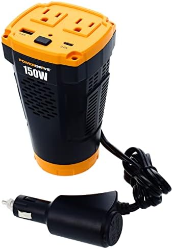 PowerDrive PWD150C 150W Power Inverter for Cup Holders 12v DC to 110v AC with 2 Outlets and 2 Ports
