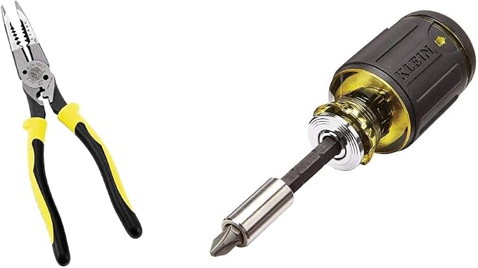 Klein Tools J207-8CR Needle Nose Pliers are All-Purpose Linesman Pliers for Crimping & 32308 Multi-bit Stubby Screwdriver, Impact Rated 8-in-1 Adjustable Magnetic Tool with Phillips