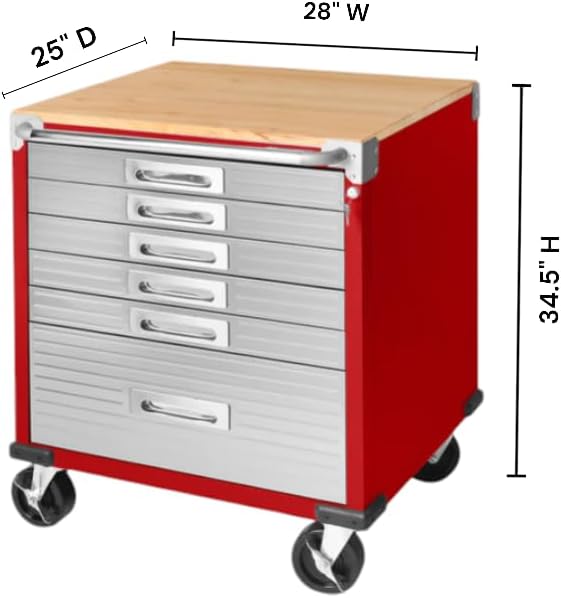 Heavy Duty Rolling Storage Cabinet with Wheels and Drawers, Workstation for Garage, Office, Workshop, 6 Drawer (28" W x 25" D x 34.5" H), Red
