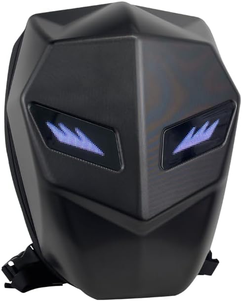 Motorcycle Backpack with LED Eyes, Waterproof Hard Shell Laptop Bag for Riding, Cycling, Travel, Black