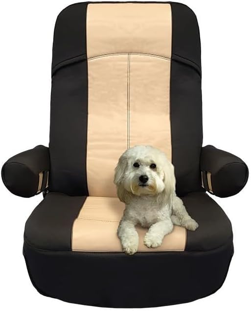 RV Designer GripFit+ Motorhome 2 Seat Covers (2-Pack) - Flexible GripFit+ Design – Class-A RV - Pet-Friendly, Easy-to-Clean, Durable, Fire Retardant - Side Pockets – Black and Tan