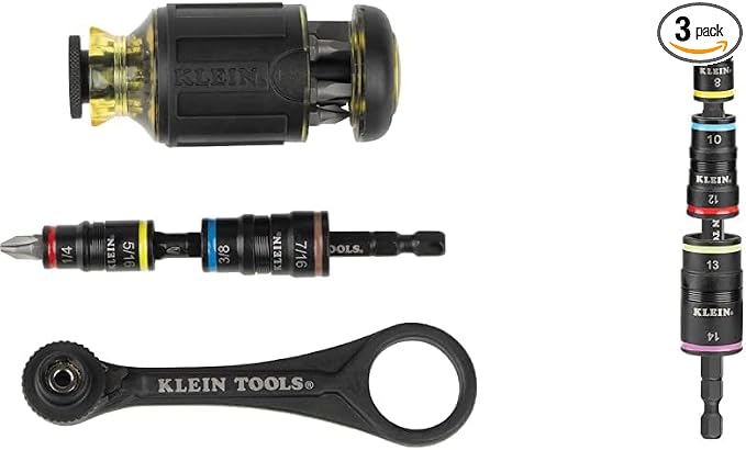 Klein Tools 3-Piece Mini-Ratchet Driver Set, Impact Stubby Driver, and 6-in-1 Flip Socket Set with 7 mm to 14 mm Metric Hex Sizes
