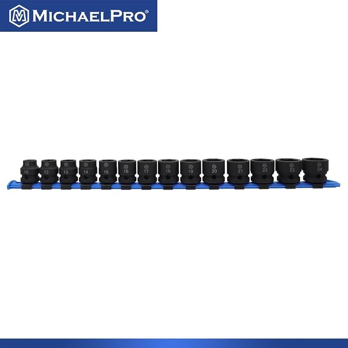MichaelPro 1/2 Inch Low Profile Impact Socket Set, 14-Piece Low Profile Sockets, CR-MO, with Socket Rail | MP005046