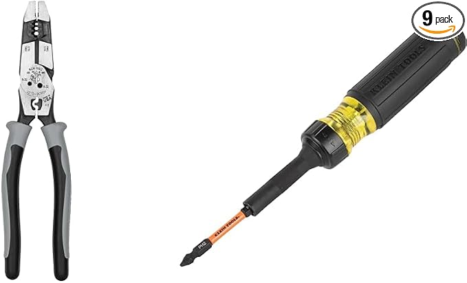 Klein Tools Pliers and Ratcheting Screwdriver 13-in-1 Bundle with 9-Inch Side Cutting Pliers, Crimper, Fish Tape Puller and 6 Double-Ended Bits