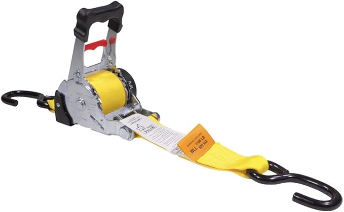 Mytee Products 2 Pk 2"x 9.2' Bolt on Yellow Retractable Ratchet Straps for Cargo - Coated S Hook Auto Retract Ratchet Straps - Self Ratcheting Strap for Boat Tie Down to Trailer & Jet Ski, ATVs, Bikes
