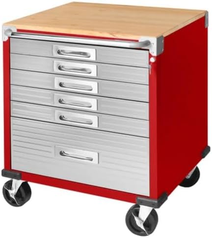 Heavy Duty Rolling Storage Cabinet with Wheels and Drawers, Workstation for Garage, Office, Workshop, 6 Drawer (28" W x 25" D x 34.5" H), Red