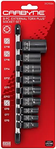 CARBYNE 13 Piece External Torx (eTorx) Socket Set (E4 to E24) AND 9 Piece External Torx Plus (eTorx Plus, aka 6 Lobe) Socket Set (E6 to E18). Chrome Vanadium Steel, 1/4-inch, 3/8-inch & 1/2-inch Dr.