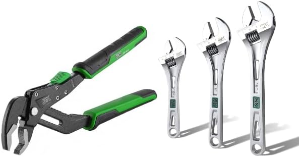 SK 8-Inch Quick Adjust Groove Joint Pliers & 3-Piece Adjustable Wrench Set, 6-Inch, 8-Inch, 10-Inch, Cr-V Steel