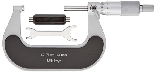 Mitutoyo 102-302, Outside Micrometer Precision Measuring Tool, Heat Insulated Frame, Ratchet Stop, 25-50mm Measuring Range, 0.01mm Graduation, +/-0.002mm Accuracy | 0.01mm Graduation