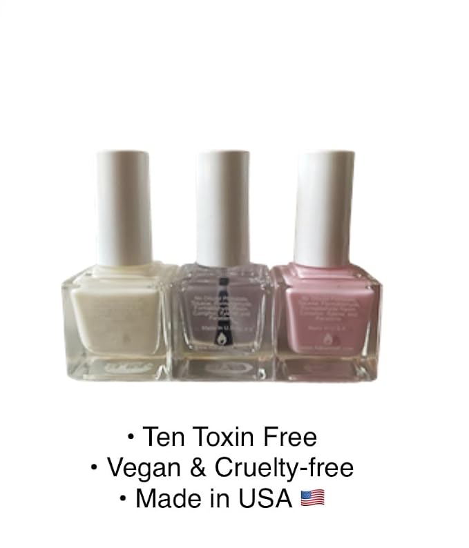 ADRIANNE K Sheer Nail Polish and Topcoat Trio Gift Set. Fast Drying and Easy to Use. Nontoxic. Milky White, Pearly Pink and Clear Shiny Protectant Top Coat