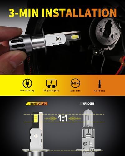 Termitor Brightest H1 Bulbs High beam, 60,000LM 12X Super Bright, 1:1 Mini Size 6500K Cool White IP68 Waterproof Automotive Replacement H1 Fog Lights, 3-Minute Plug and Play Installation, Pack of 2