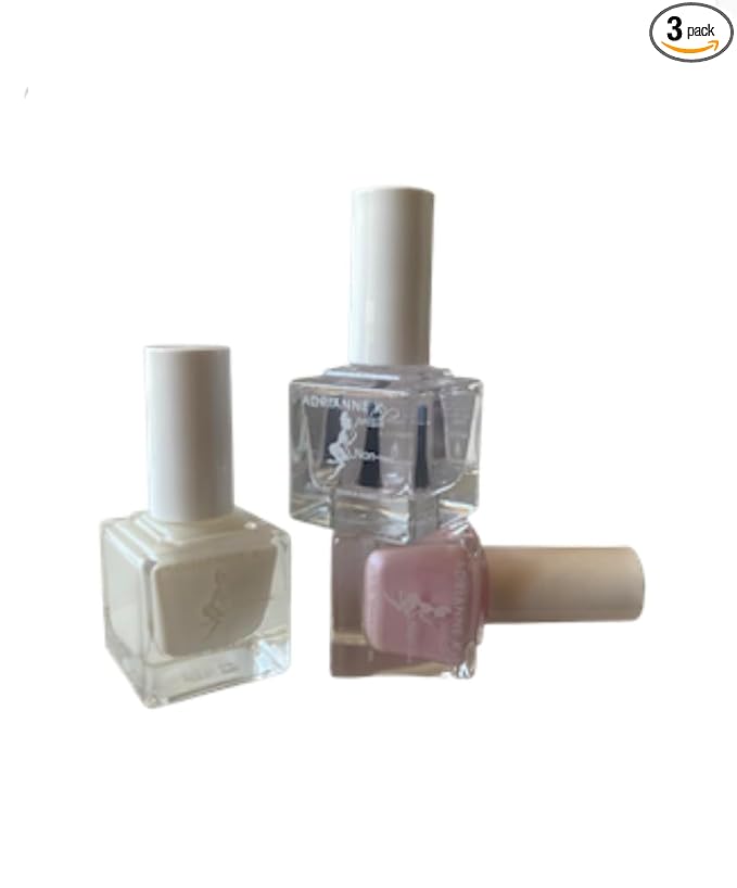 ADRIANNE K Sheer Nail Polish and Topcoat Trio Gift Set. Fast Drying and Easy to Use. Nontoxic. Milky White, Pearly Pink and Clear Shiny Protectant Top Coat