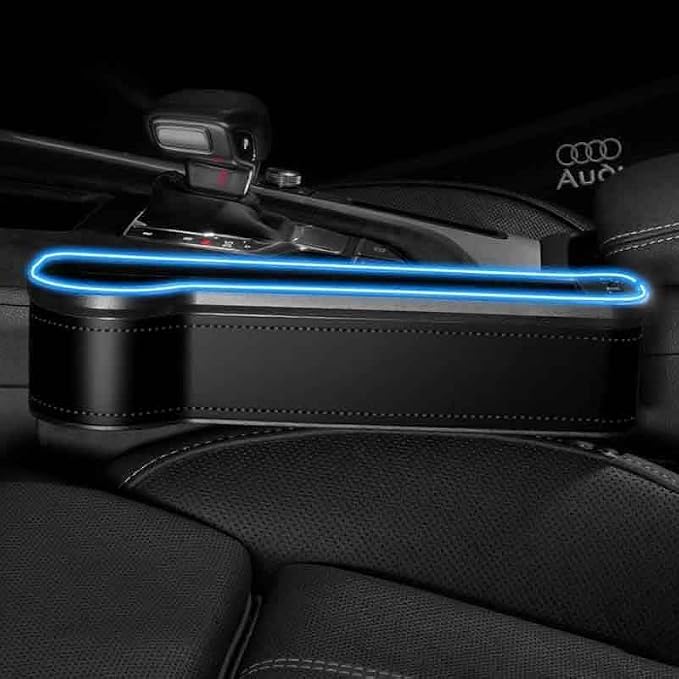 LED Car Seat Gap Filler Organizer with Fast Charger and Cup Holder - 7 Color Ambient Lights, PU Leather Storage Box for Phone/Keys/Coins (Universal Fit for SUV/Sedan)