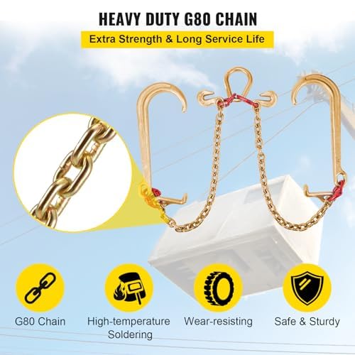 VEVOR G80 V Bridle Chain, 5/16 in x 3 ft Towing Chain Bridle with J Hooks and T Hooks, Heavy Duty Transport Tow Chain Bridle with 10800 lbs Safe Working Load Ideal for Flatbed Truck Wrecker Recovery