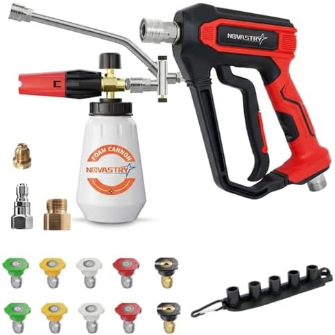 High-Pressure Washer Foam Cannon Accessory, Dual-Connector, 1-Liter Bottle, 5 Nozzles & High Pressure Washer Gun, 4000 PSI Max, 5 Nozzles, Anti-Kink Swivel, 1/4” Quick Connect, Compatible with M22-14