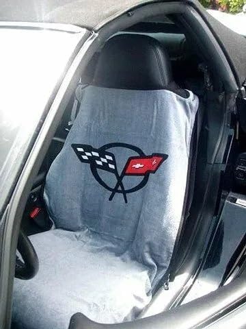 SR1 USA C5 Corvette Seat Cover Seat Towels - 100% Cotton - Interior UV Protection with Crossed Flags Logo for 1997-2004 C5 & Z06 Corvettes Accessories (Gray, Set)