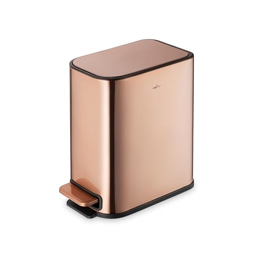 RED FACTOR Slim Small 1.3 Gallon Stainless Steel Pedal Trash Can with Soft Close Lid for Narrow Spaces – Wastebasket Bin with Removable Inner Bucket for Bathroom, Kitchen, Bedroom, or Office (Copper)