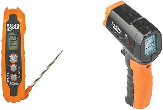 Klein Tools IR07 Dual Infrared (IR) and Probe Pocket Size LCD Digital Thermometer and Klein Tools IR1 Infrared Thermometer, Digital Laser Gun