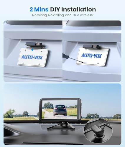 AUTO-VOX 5" Solar Wireless Backup Camera with Suction Cup Mount: Compact 1080P Monitor, Adjustable Windshield Mount, Solar Assisted Charging, IP69K for Car Truck SUV Trailer RV