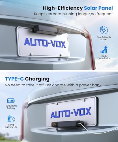 AUTO-VOX 5" Solar Wireless Backup Camera with Suction Cup Mount: Compact 1080P Monitor, Adjustable Windshield Mount, Solar Assisted Charging, IP69K for Car Truck SUV Trailer RV