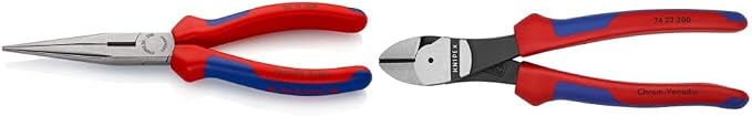 KNIPEX Tools Long Nose Pliers with Cutter (2612200) and High Leverage Angled Diagonal Cutter (74 22 200) Bundle, 8 inches
