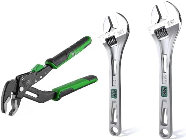 SK 8-Inch Quick Adjust Groove Joint Pliers & 2-Piece Adjustable Wrench Set, 10-Inch, 12-Inch, Cr-V Steel