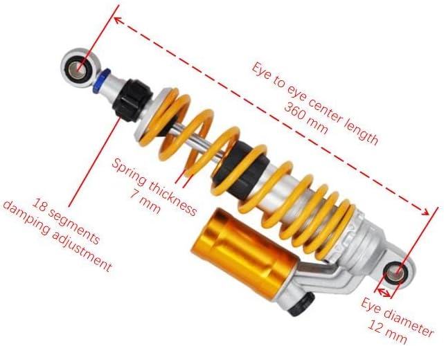 360mm/14.2" Rebound Damping 7mm Spring Rear Suspension Shock Absorber MTB Motorcycle For BWS 125 Dirt Bike Gokart Quad ATV Nmax Xmax Aerox