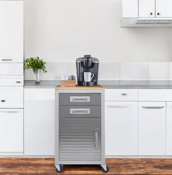 Heavy Duty Rolling Storage Cabinet with Wheels and Drawers, Workstation for Garage, Office, Workshop, 1 Door, 2 Drawer (20" W x 18" D x 34.7" H), Granite