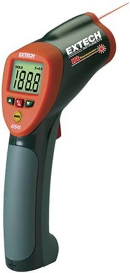 Extech 42545 High Temperature Infrared Thermometer | -58 to 1832F (-50 to 1000C), 50:1 optics, laser pointer, adjustable emissivity, Hi/Lo alarm, 9V