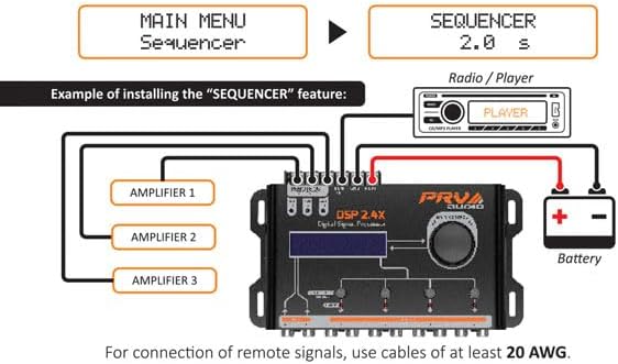 PRV AUDIO Car Audio DSP 2.4X Digital Crossover and Equalizer 4 Channel Full Digital Signal Audio Processor DSP with Sequencer Remote Relay