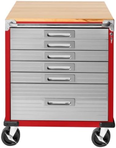 Heavy Duty Rolling Storage Cabinet with Wheels and Drawers, Workstation for Garage, Office, Workshop, 6 Drawer (28" W x 25" D x 34.5" H), Red