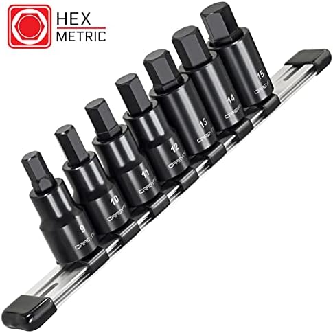 CARBYNE 7 Piece SAE Hex Bit Impact Socket Set (3/8” to 3/4”) AND 7 Piece Metric Hex Bit Impact Socket Set (9mm to 15mm). S2 Steel Bits | 1/2" Drive.