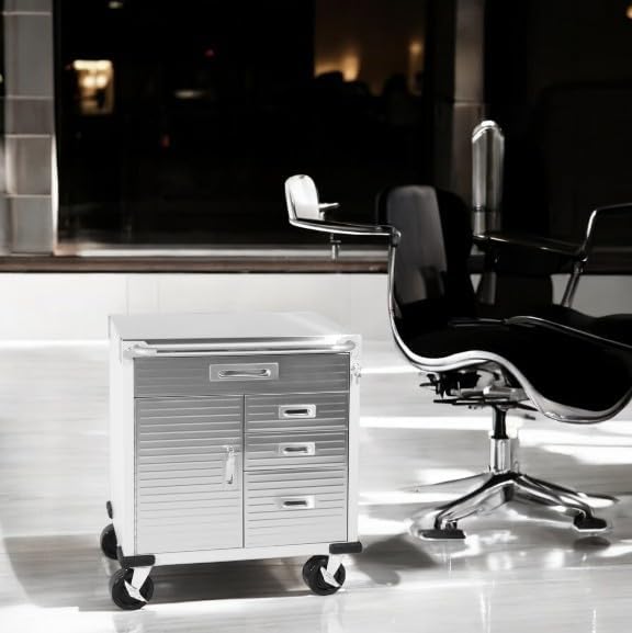 Heavy Duty Rolling Storage Cabinet with Wheels and Drawers, Workstation for Garage, Office, Workshop, (Stainless Steel Table top 1 Door, 4 Drawer), Granite