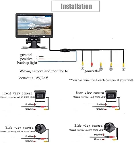 Backup Camera Kit 7 inch 4-Spilt Monitor Rear View Cameras with IP 67 Waterproof 18 IR Night Vision Car Camera for Tucks, RVs,Trailers,Bus,Vans + 4pcs 10m/393.7inch Cables Vehicle Backup Camera