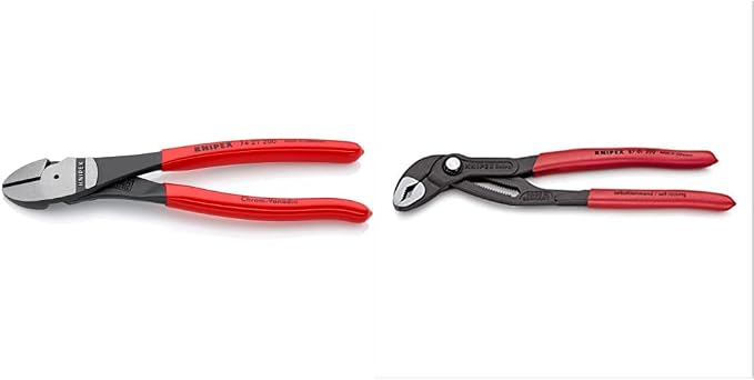KNIPEX Tools 74 21 200, 8-Inch High Leverage Angled Diagonal Cutters & Tools - Cobra Water Pump Pliers (8701250), Red,10-Inch