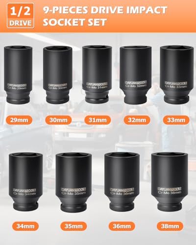 DAYUAN 23pcs Aluminum Alloy Cup Type Oil Filter Cap Wrench Socket Removal Tool Set Bundle with 9 Pcs Axle Nut Hub Impact 1/2" Drive Socket 29 30 31 32 33 34 35 36 38mm Socket Set