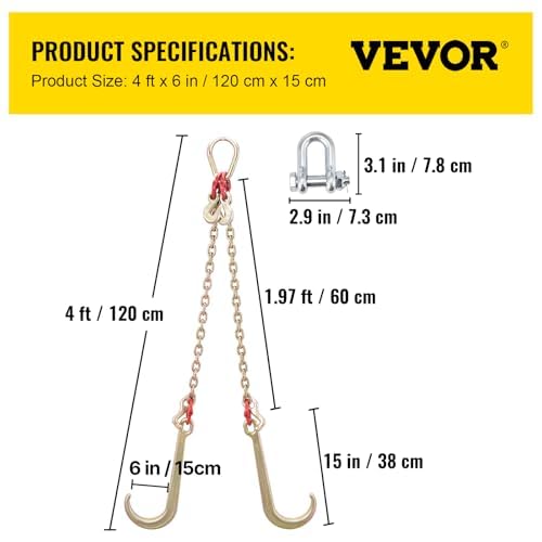 VEVOR G80 V Bridle Chain, 5/16 in x 3 ft Towing Chain Bridle with J Hooks and T Hooks, Heavy Duty Transport Tow Chain Bridle with 10800 lbs Safe Working Load Ideal for Flatbed Truck Wrecker Recovery