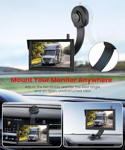 Solar Magnetic Wireless Backup Camera with a Bendable Suction Cup Bracket: Place the Monitor Anywhere You Want Without Obstructing Your View, 1080P HD Quality, and Receive Reliable Customer Service